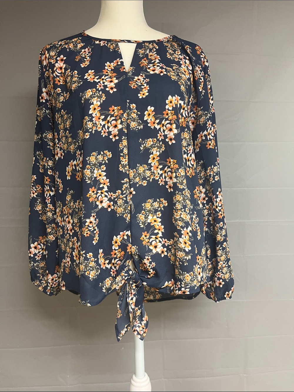 West Kei Navy Floral Keyhole Tie-Front Blouse